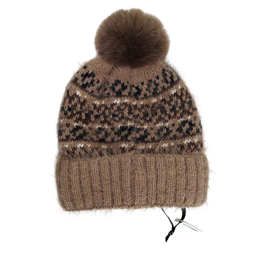 Coco + Carmen Fair Isle Beanie Hat Pompom Wool Blend Knit Winter Warm Soft Fuzzy
